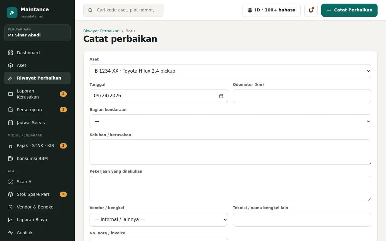 Pilih aset yang diperbaiki dan tanggal pengerjaannya.