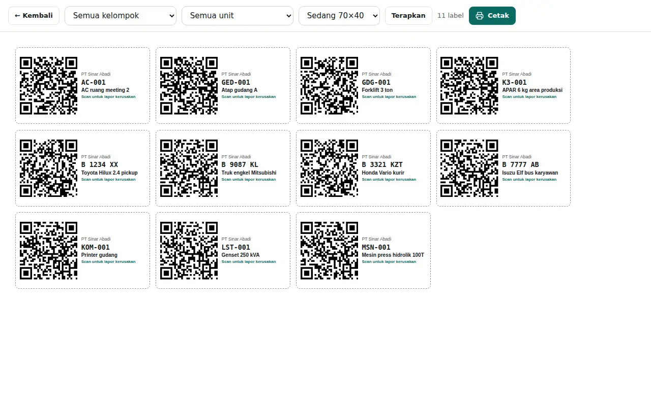 Di Label QR, pilih kelompok atau unit dan ukuran stiker, lalu klik Cetak.